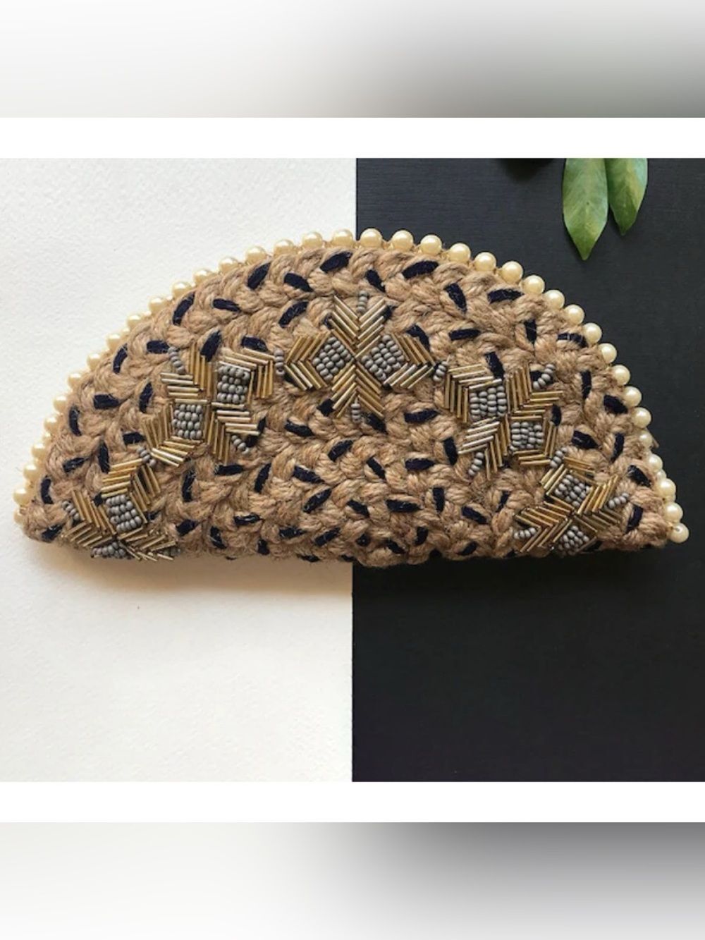 Dhaaga Life / Jaypore Embroidered Jute Half Moon Clutch ~ NWOT - Picture 2 of 5